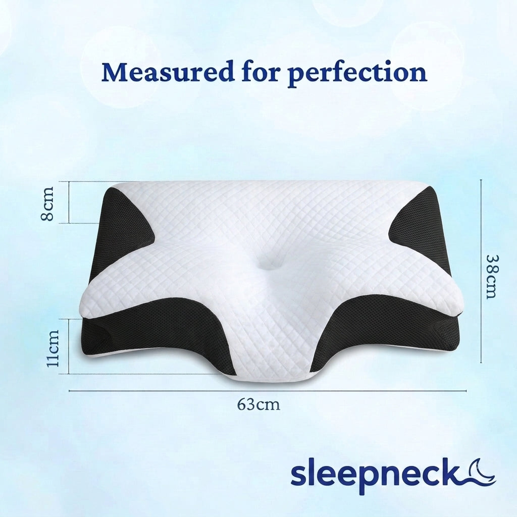 SleepNeck butterfly pillow, top view with dimension guides