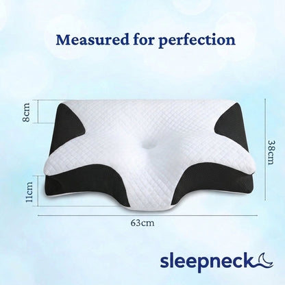 SleepNeck butterfly pillow, top view with dimension guides